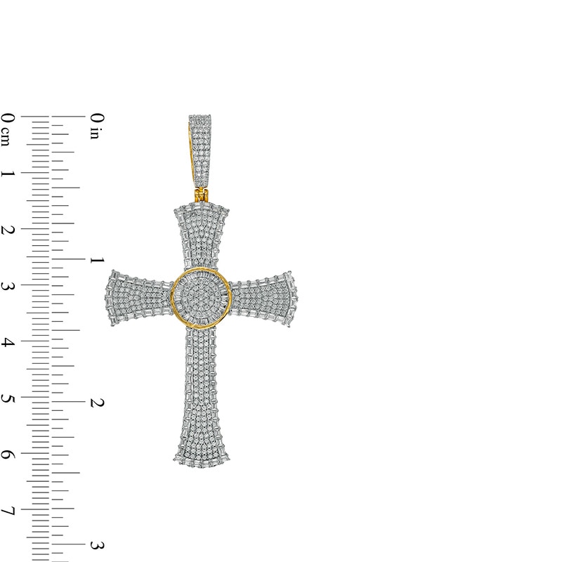 Main Image 2 of Previously Owned - 2 CT. T.W. Baguette and Round Diamond Circle center Flared Cross Necklace Charm in 10K Gold