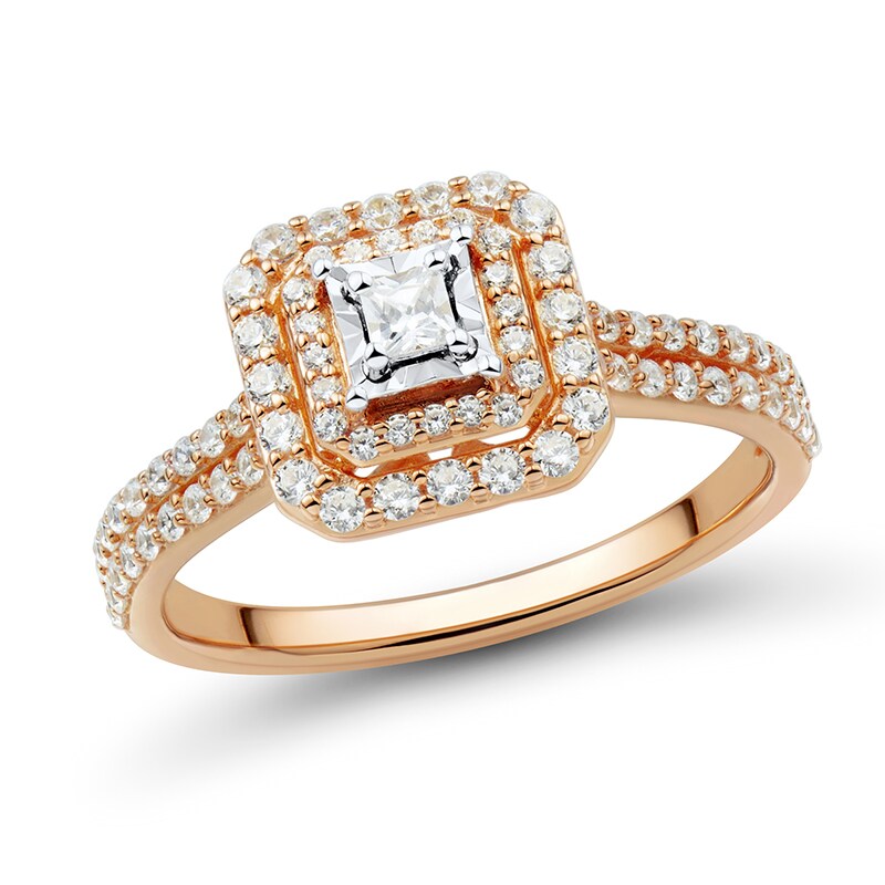 Main Image 1 of Previously Owned - 1/2 CT. T.W. Princess-Cut Diamond Double Frame Split Shank Engagement Ring in 10K Rose Gold