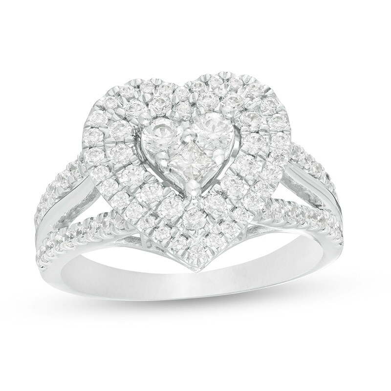 Main Image 1 of Previously Owned - 1 CT. T.W. Heart-Shaped Multi-Diamond Double Frame Split Shank Ring in 10K White Gold