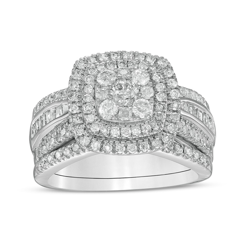 Main Image 1 of Previously Owned - 1-1/4 CT. T.W. Cushion Multi-Diamond Double Frame Bridal Set in 10K White Gold