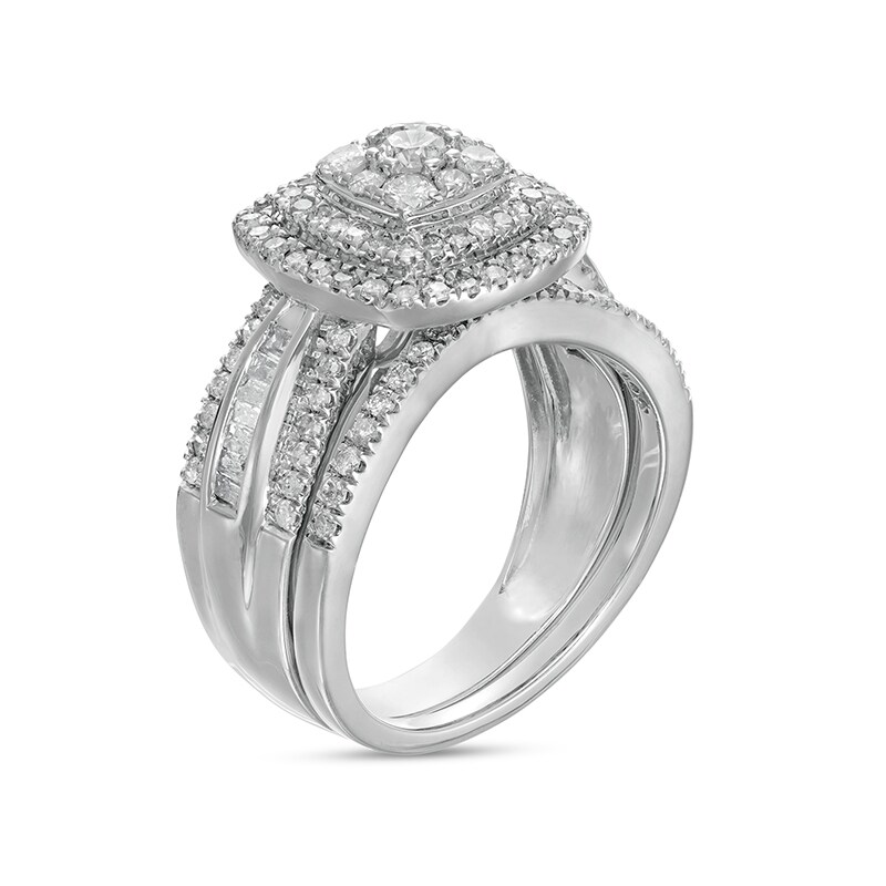 Main Image 3 of Previously Owned - 1-1/4 CT. T.W. Cushion Multi-Diamond Double Frame Bridal Set in 10K White Gold