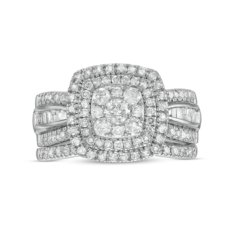 Main Image 4 of Previously Owned - 1-1/4 CT. T.W. Cushion Multi-Diamond Double Frame Bridal Set in 10K White Gold