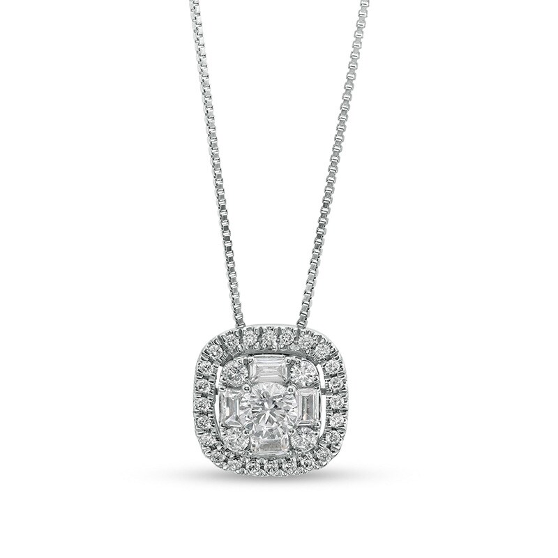 Main Image 1 of Previously Owned - 3/4 CT. T.W.  Lab-Grown Diamond Cushion-Shaped Frame Pendant in 14K White Gold (F/SI2)