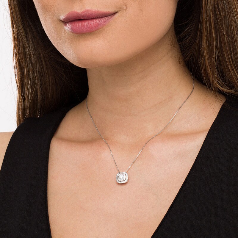Main Image 2 of Previously Owned - 3/4 CT. T.W.  Lab-Grown Diamond Cushion-Shaped Frame Pendant in 14K White Gold (F/SI2)