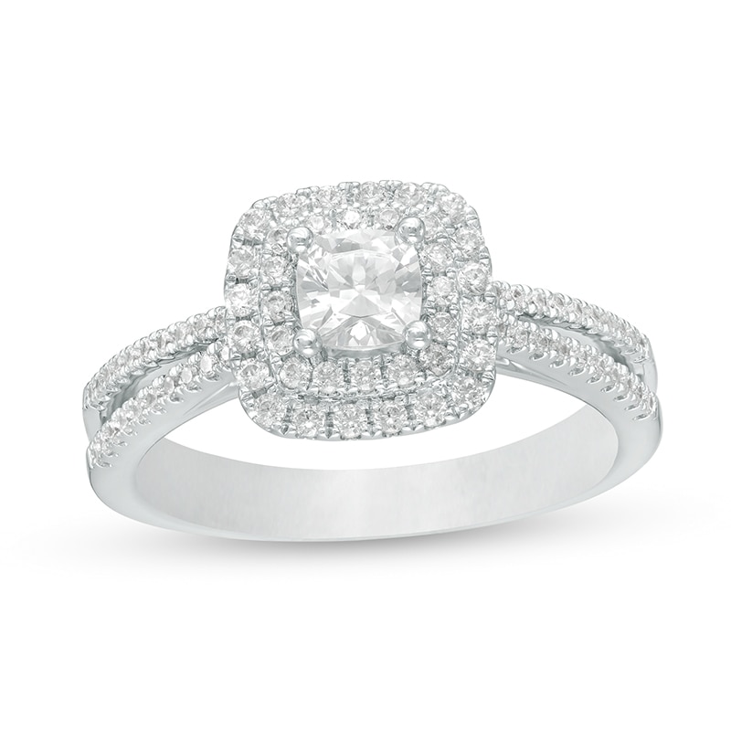 Main Image 1 of Previously Owned - Celebration Ideal 1 CT. T.W. Princess-Cut Diamond Double Frame Engagement Ring in 14K White Gold