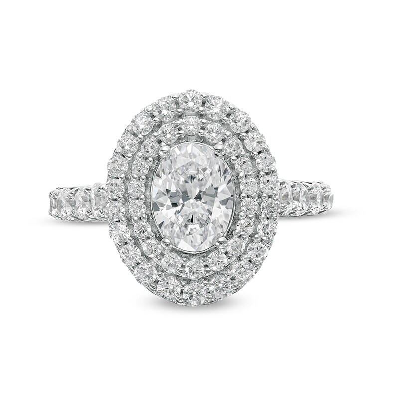Main Image 4 of Previously Owned - 2-3/4 CT. T.W. Lab-Grown Oval Diamond Double Frame Engagement Ring in 14K White Gold (F/VS2)
