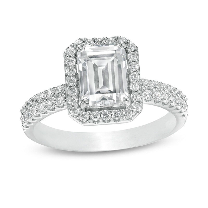Main Image 1 of Previously Owned - 2 CT. T.W. Lab-Grown Emerald-Cut Diamond Frame Engagement Ring in 14K White Gold (F/VS2)