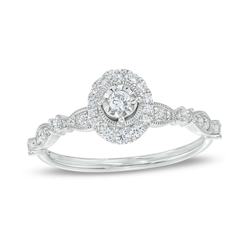 Main Image 1 of Previously Owned - 1/4 CT. T.W. Diamond Oval Frame Alternating Shank Vintage-Style Engagement Ring in 10K White Gold