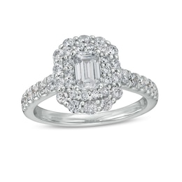 Previously Owned - 1-1/2 CT. T.W. Emerald-Cut Diamond Double Scallop Frame Engagement Ring in 14K White Gold (I/SI2)