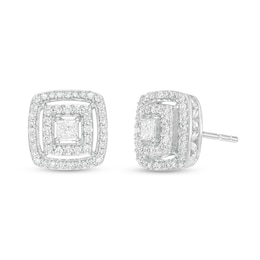 Previously Owned - 1/2 CT. T.W. Princess-Cut Diamond Double Frame Stud Earrings in 10K White Gold