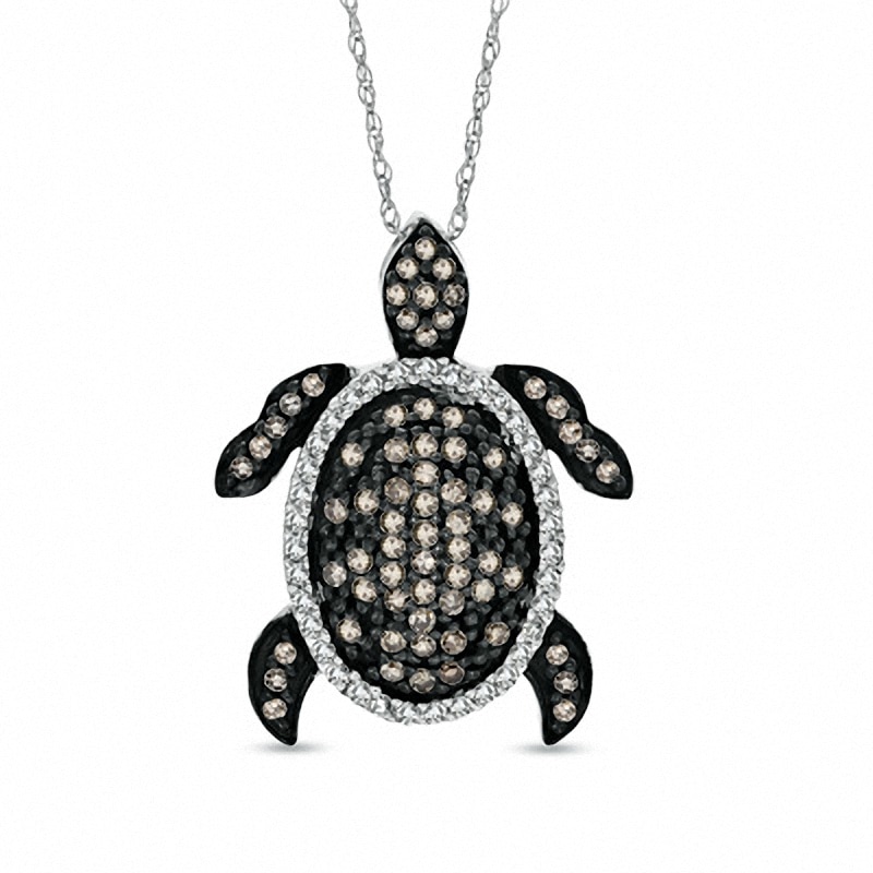 Main Image 1 of Previously Owned - 1/2 CT. T.W. Champagne and White Diamond Turtle Pendant in 10K White Gold
