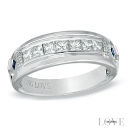 Previously Owned - Vera Wang Love Collection Men's 3/4 CT. T.W. Diamond and Blue Sapphire Wedding Band in 14K White Gold