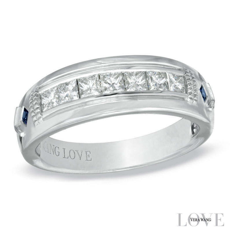 Main Image 1 of Previously Owned - Vera Wang Men's 3/4 CT. T.W. Diamond and Blue Sapphire Wedding Band in 14K White Gold