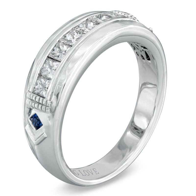 Main Image 2 of Previously Owned - Vera Wang Men's 3/4 CT. T.W. Diamond and Blue Sapphire Wedding Band in 14K White Gold