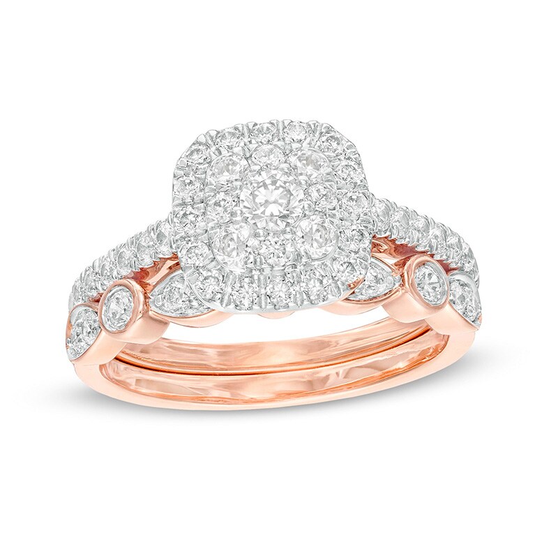 Main Image 1 of Previously Owned - 1/2 CT. T.W. Multi-Diamond Cushion-Shaped Diamond Art Deco Bridal Set in 10K Rose Gold