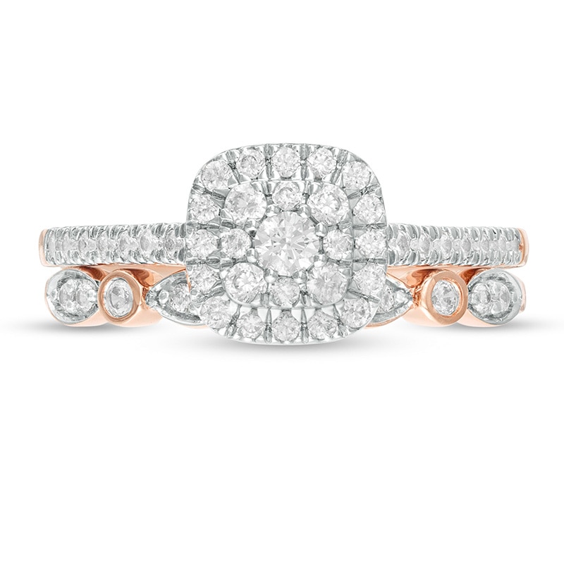 Main Image 4 of Previously Owned - 1/2 CT. T.W. Multi-Diamond Cushion-Shaped Diamond Art Deco Bridal Set in 10K Rose Gold