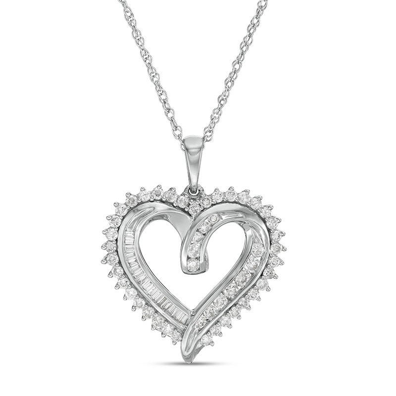 Main Image 1 of Previously Owned - 3/4 CT. T.W. Baguette and Round Diamond Double Row Heart Pendant in Sterling Silver