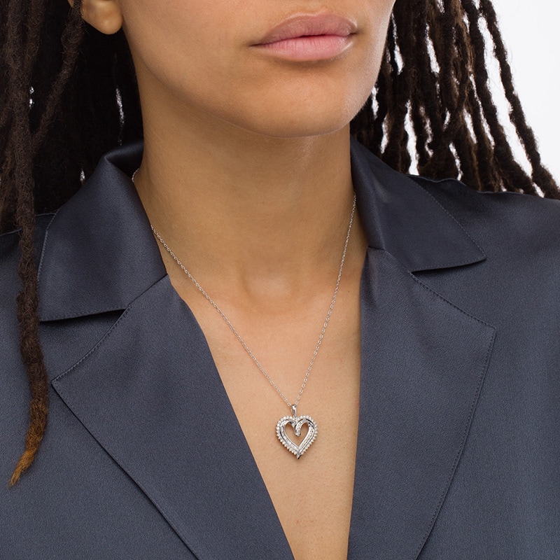Main Image 2 of Previously Owned - 3/4 CT. T.W. Baguette and Round Diamond Double Row Heart Pendant in Sterling Silver
