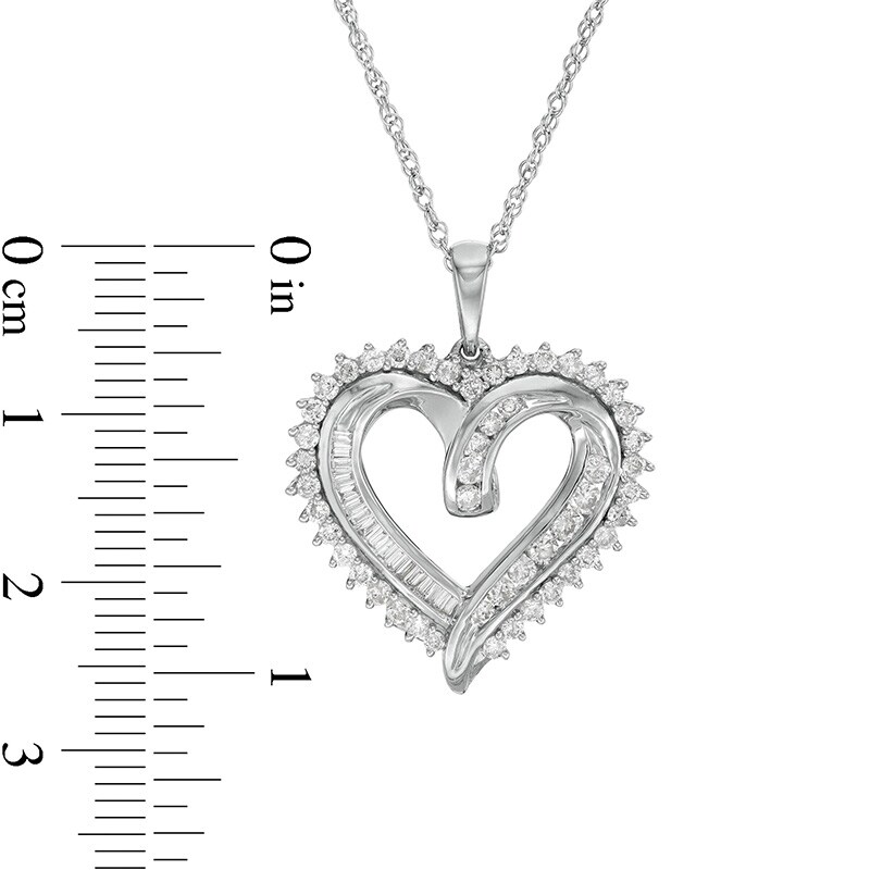 Main Image 3 of Previously Owned - 3/4 CT. T.W. Baguette and Round Diamond Double Row Heart Pendant in Sterling Silver