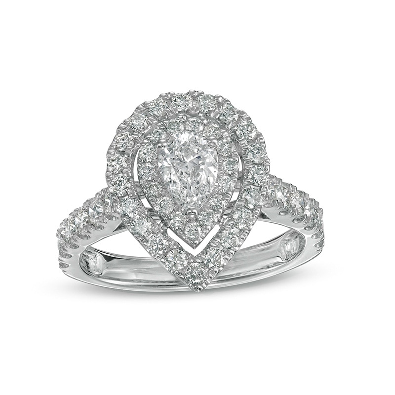 Main Image 1 of Previously Owned - 1-1/2 CT. T.W. Pear-Shaped Diamond Double Frame Engagement Ring in 14K White Gold (I/SI2)