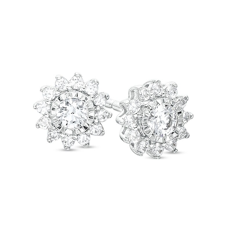 Main Image 1 of Previously Owned - 1/4 CT. T.W. Diamond Frame Sunburst Stud Earrings in 10K White Gold