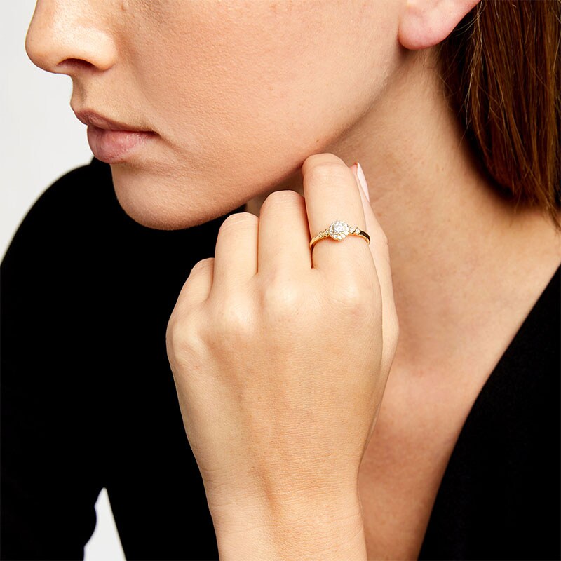 Main Image 2 of Previously Owned - 1/5 CT. T.W. Diamond Flower Frame Geometric Sides Promise Ring in 10K Gold