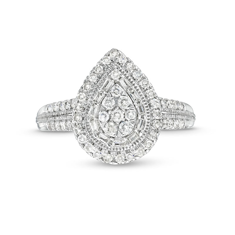 Main Image 4 of Previously Owned - 1/2 CT. T.W. Pear Multi-Diamond Teardrop Frame Vintage-Style Engagement Ring in 10K White Gold