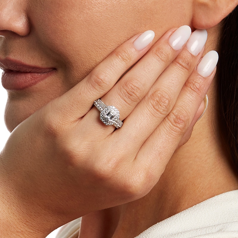 Main Image 2 of Previously Owned - 1-1/2 CT. T.W. Emerald-Cut Lab-Grown Diamond Double Frame Engagement Ring in 14K White Gold (F/VS2)