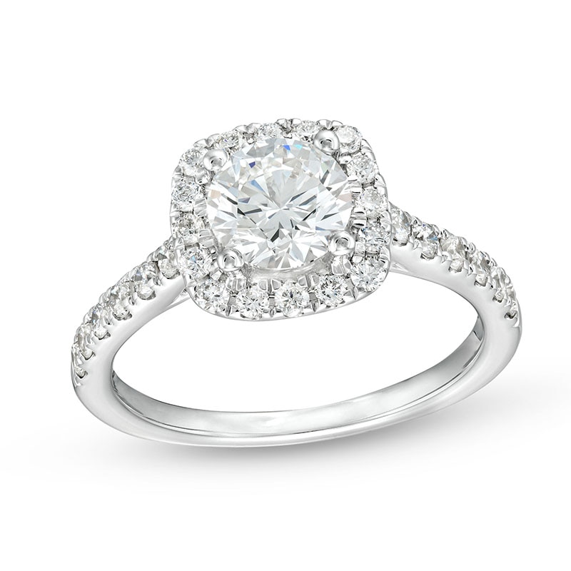 Main Image 1 of Previously Owned - 1-1/2 CT. T.W. Lab-Grown Diamond Cushion Frame Engagement Ring in 10K White Gold (F/SI2)