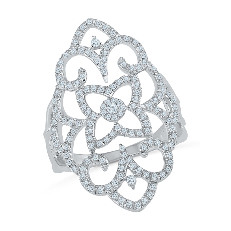 Main Image 1 of Previously Owned - 3/4 CT. T.W. Diamond Vintage-Style Scroll Ring in 10K White Gold