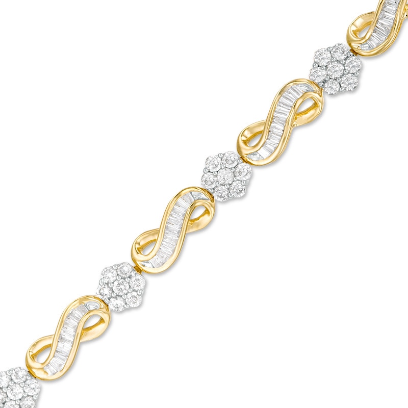Main Image 1 of Previously Owned - 2 CT. T.W. Baguette and Round Multi-Diamond Diamond Infinity Link Bracelet in 10K Gold - 7.25"