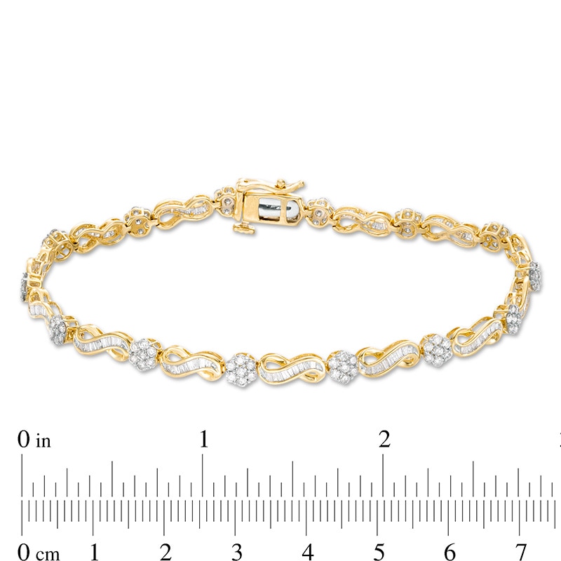 Main Image 4 of Previously Owned - 2 CT. T.W. Baguette and Round Multi-Diamond Diamond Infinity Link Bracelet in 10K Gold - 7.25"