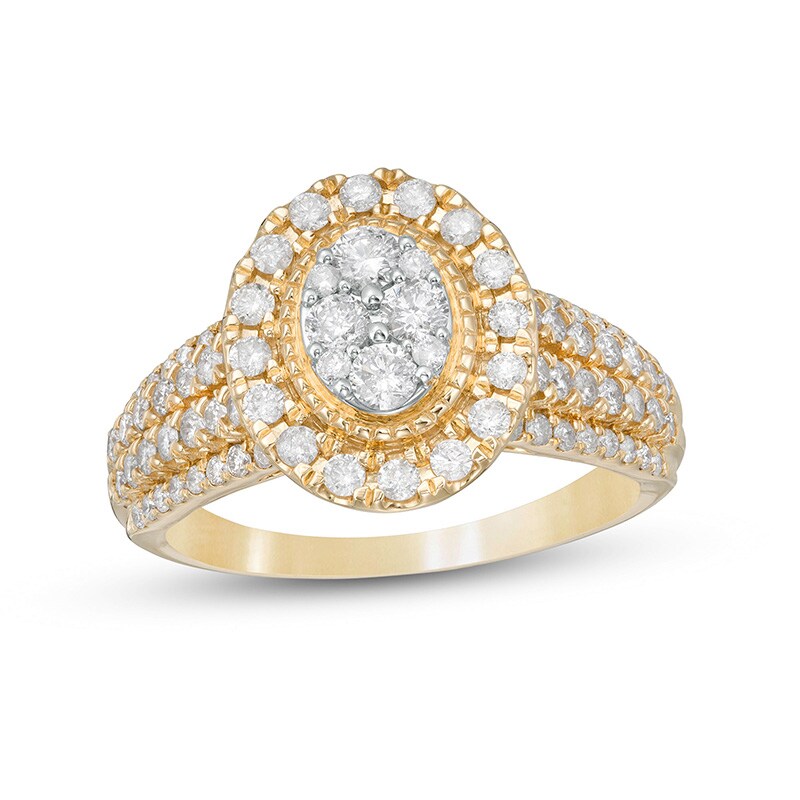 Main Image 1 of Previously Owned - 1 CT. T.W. Multi-Diamond Oval Diamond Frame Multi-Row Engagement Ring in 10K Gold