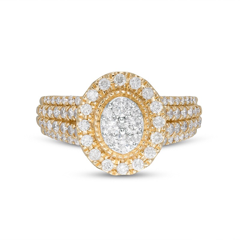 Main Image 4 of Previously Owned - 1 CT. T.W. Multi-Diamond Oval Diamond Frame Multi-Row Engagement Ring in 10K Gold