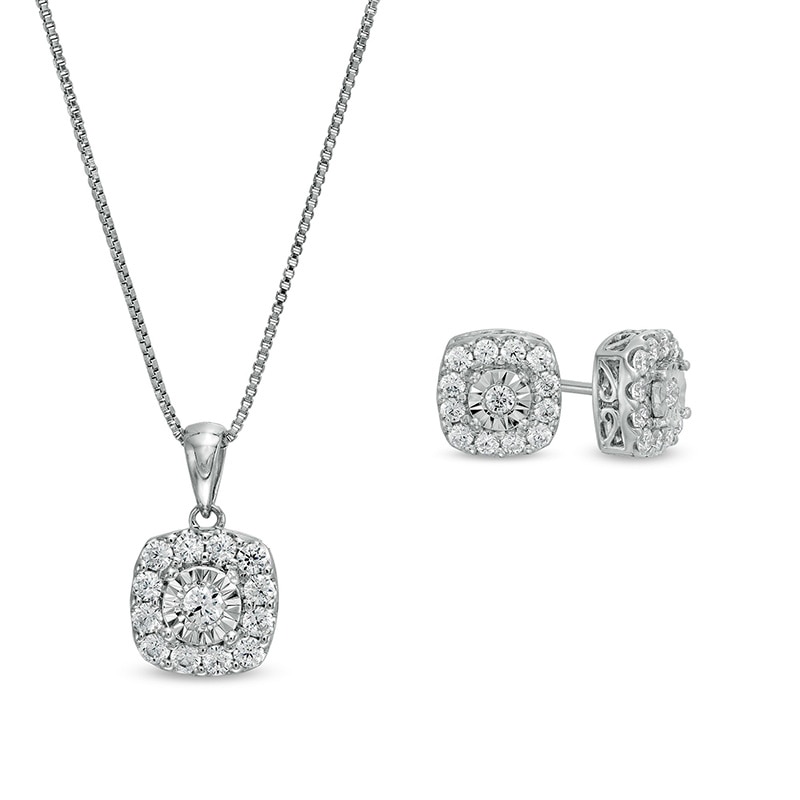 Main Image 1 of Previously Owned - 1 CT. T.W. Diamond Cushion-Shaped Frame Pendant and Stud Earrings Set in Sterling Silver