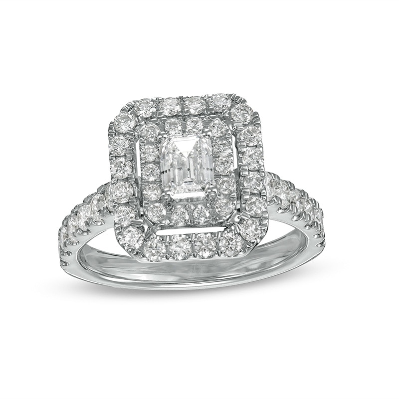 Main Image 1 of Previously Owned - 1-1/2 CT. T.W. Emerald-Cut Diamond Double Frame Engagement Ring in 14K White Gold (I/SI2)