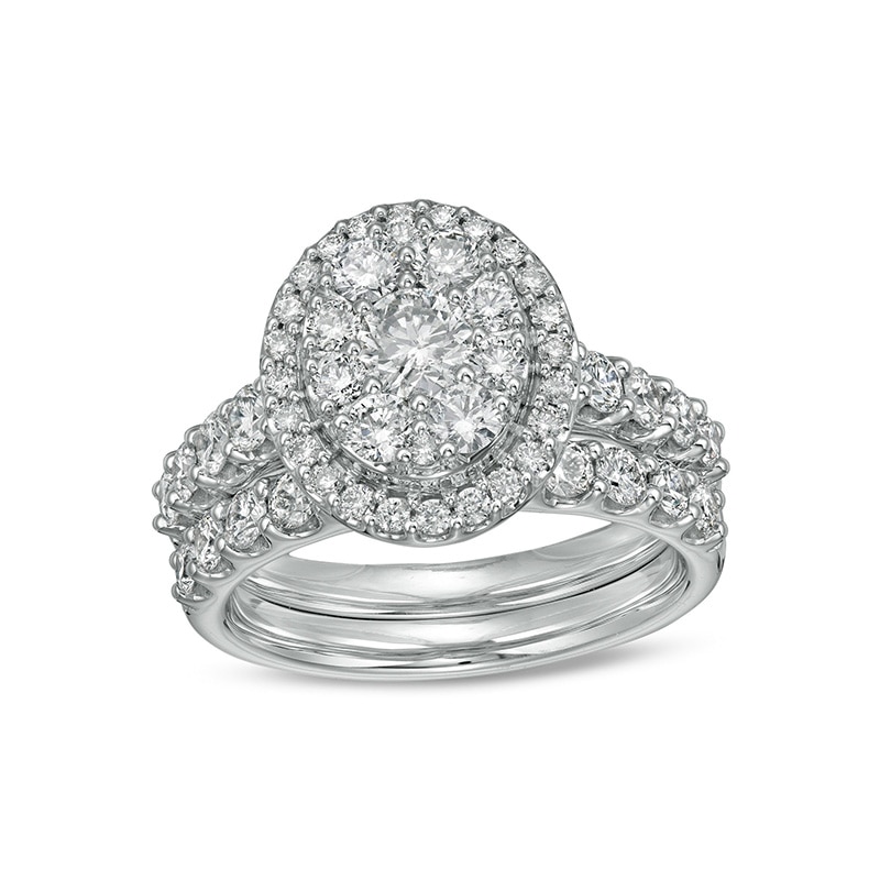 Main Image 1 of Previously Owned - 2 CT. T.W. Multi-Diamond Oval Diamond Frame Bridal Set in 14K White Gold