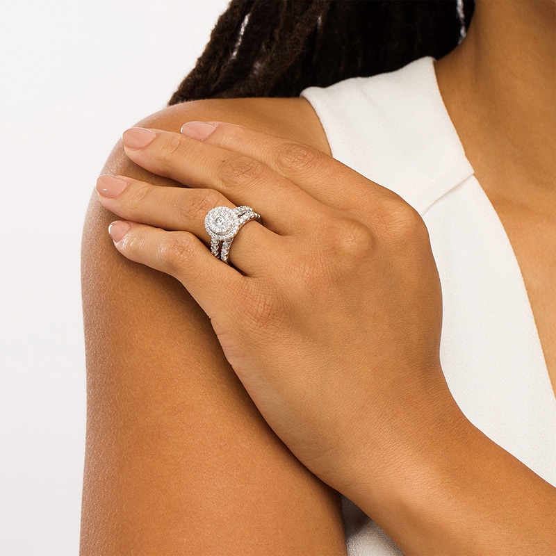 Main Image 2 of Previously Owned - 2 CT. T.W. Multi-Diamond Oval Diamond Frame Bridal Set in 14K White Gold