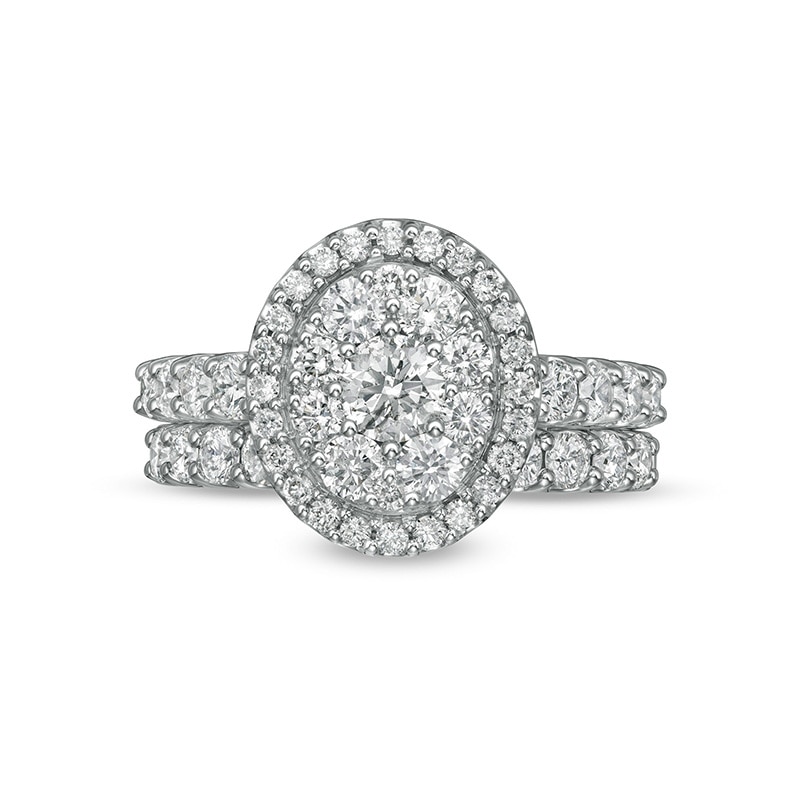 Main Image 4 of Previously Owned - 2 CT. T.W. Multi-Diamond Oval Diamond Frame Bridal Set in 14K White Gold