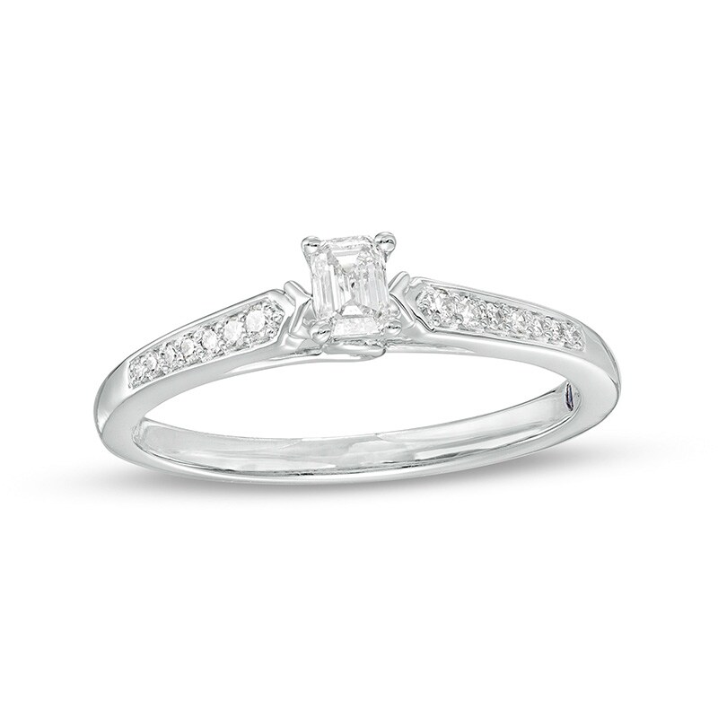 Main Image 1 of Previously Owned - 1/4 CT. T.W. Emerald-Cut Diamond Promise Ring in 10K White Gold