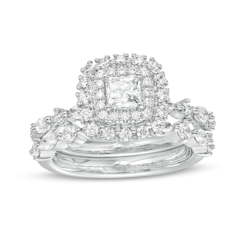Main Image 1 of Previously Owned - 1-3/8 CT. T.W.  Princess-Cut Diamond Double Frame Bridal Set in 14K White Gold (I/I1)