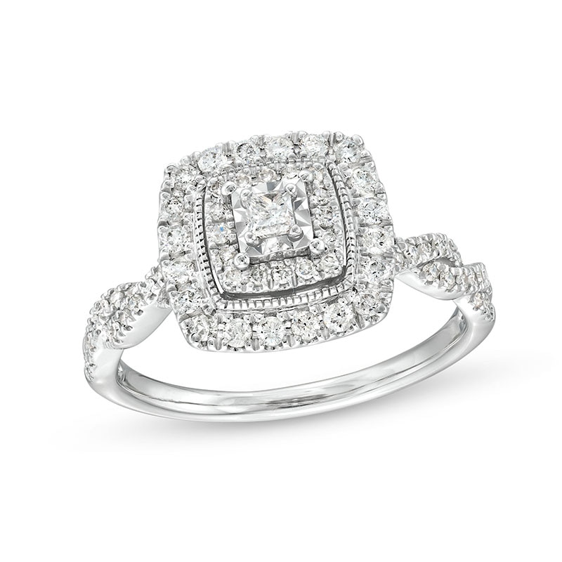 Main Image 1 of Previously Owned - 1/2 CT. T.W. Princess-Cut Diamond Cushion Frame Vintage-Style Ring in 10K White Gold