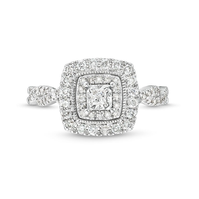 Main Image 4 of Previously Owned - 1/2 CT. T.W. Princess-Cut Diamond Cushion Frame Vintage-Style Ring in 10K White Gold