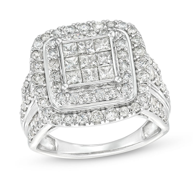 Main Image 1 of Previously Owned - 2 CT. T.W. Princess-Cut Multi-Diamond Layered Multi-Row Engagement Ring in 10K White Gold