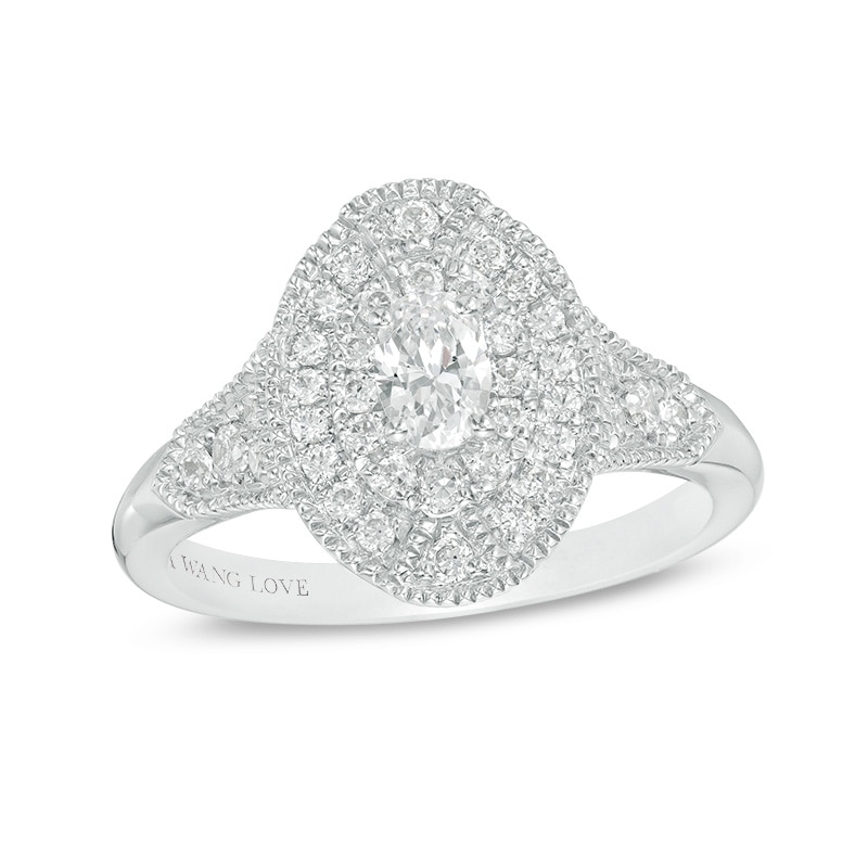 Main Image 1 of Previously Owned - Vera Wang Love Collection 5/8 CT. T.W. Oval Diamond Double Frame Engagement Ring in 14K White Gold