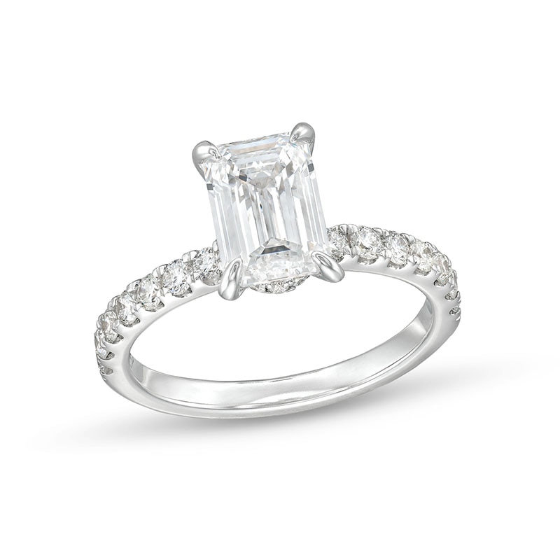 Main Image 1 of Previously Owned - 2-1/2 CT. T.W. Emerald-Cut Lab-Grown Diamond Engagement Ring in 14K White Gold (H/SI2)