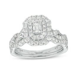 Previously Owned - 1 CT. T.W. Emerald-Cut Diamond Double Frame Twist Shank Bridal Set in 14K White Gold (I/SI2)