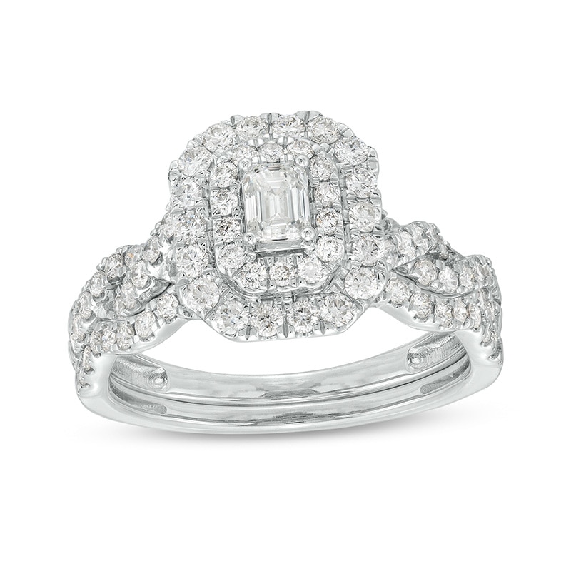 Main Image 1 of Previously Owned - 1 CT. T.W. Emerald-Cut Diamond Double Frame Twist Shank Bridal Set in 14K White Gold (I/SI2)