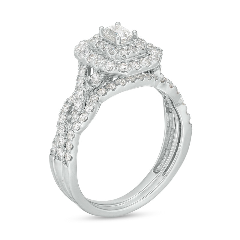 Main Image 2 of Previously Owned - 1 CT. T.W. Emerald-Cut Diamond Double Frame Twist Shank Bridal Set in 14K White Gold (I/SI2)