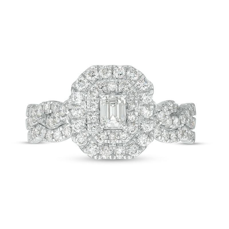 Main Image 3 of Previously Owned - 1 CT. T.W. Emerald-Cut Diamond Double Frame Twist Shank Bridal Set in 14K White Gold (I/SI2)